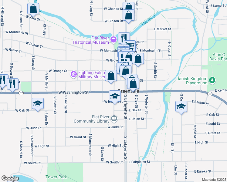 map of restaurants, bars, coffee shops, grocery stores, and more near 204 West Washington Street in Greenville