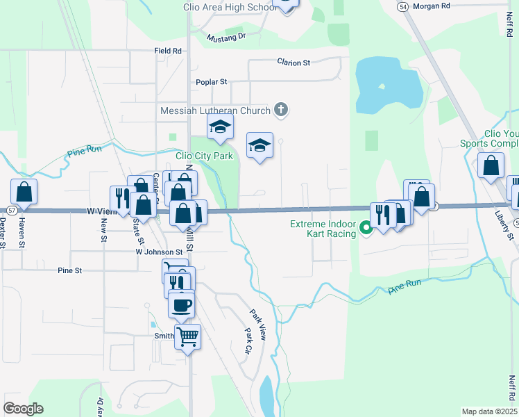map of restaurants, bars, coffee shops, grocery stores, and more near 300 Upland Drive in Clio