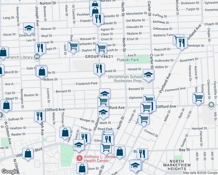 map of restaurants, bars, coffee shops, grocery stores, and more near 286 Bernard Street in Rochester