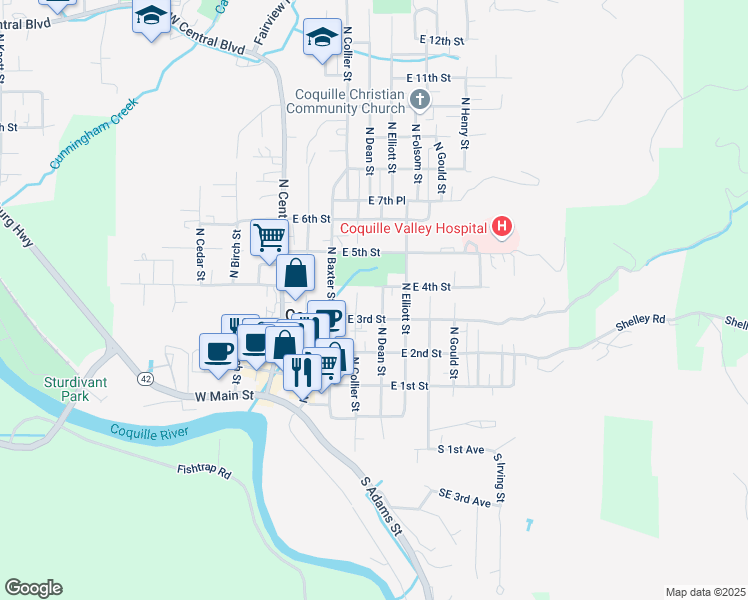 map of restaurants, bars, coffee shops, grocery stores, and more near 363 North Dean Street in Coquille