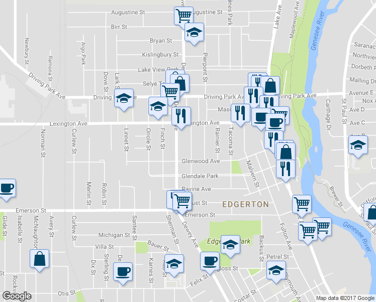 map of restaurants, bars, coffee shops, grocery stores, and more near 109 Maryland Street in Rochester