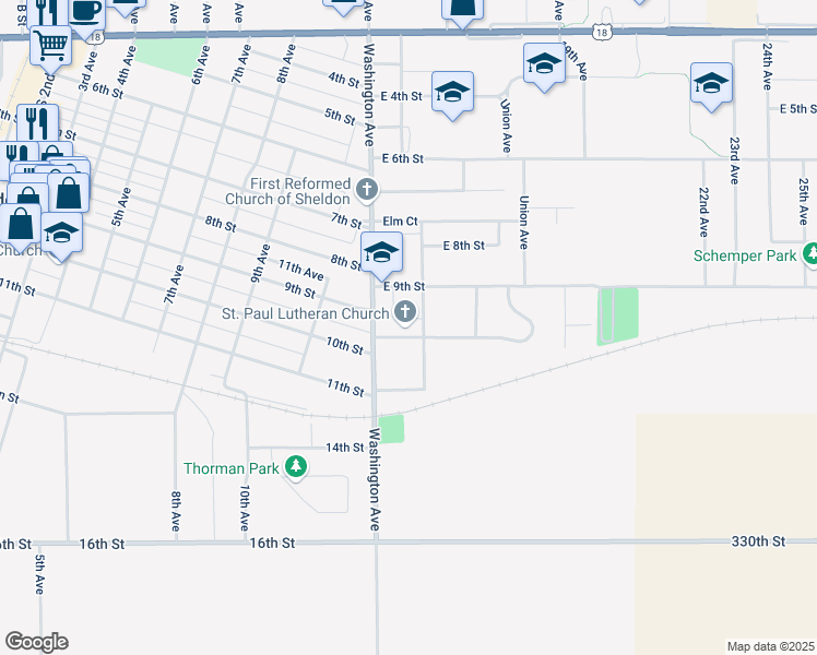 map of restaurants, bars, coffee shops, grocery stores, and more near 1425 Pleasant Court in Sheldon