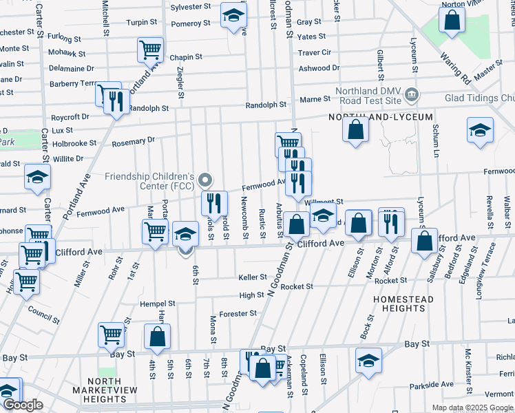 map of restaurants, bars, coffee shops, grocery stores, and more near 88 Newcomb Street in Rochester