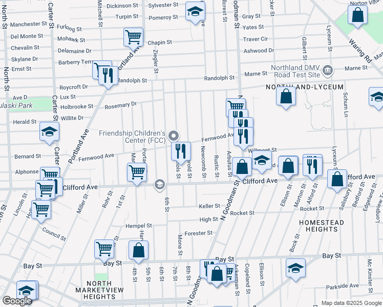 map of restaurants, bars, coffee shops, grocery stores, and more near 84 Jerold Street in Rochester