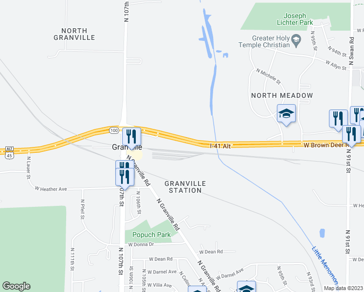 map of restaurants, bars, coffee shops, grocery stores, and more near 10303 West Brown Deer Road in Milwaukee