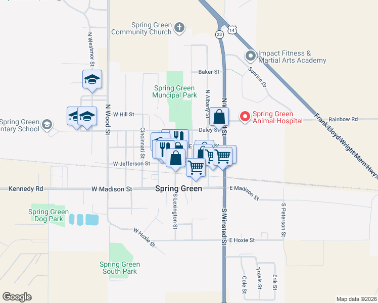 map of restaurants, bars, coffee shops, grocery stores, and more near 120/132 North Worcester Street in Spring Green