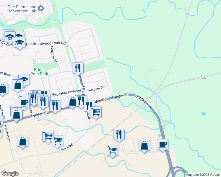 map of restaurants, bars, coffee shops, grocery stores, and more near 3 Coral Court in Brantford