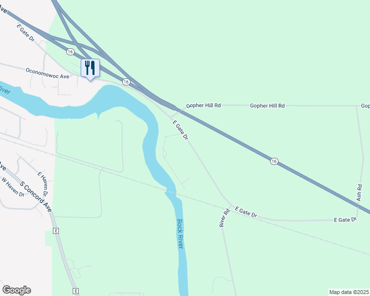 map of restaurants, bars, coffee shops, grocery stores, and more near W3049 East Gate Drive in Watertown