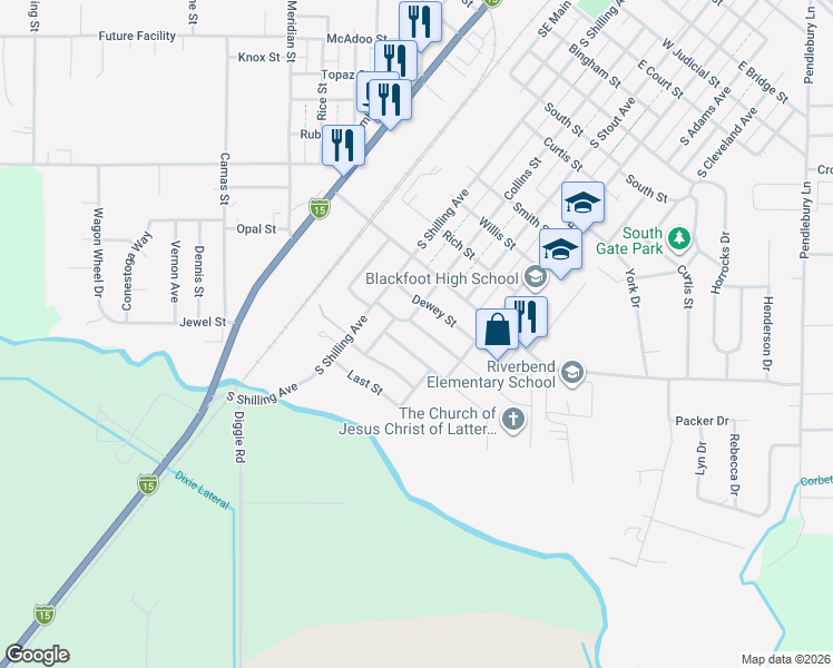 map of restaurants, bars, coffee shops, grocery stores, and more near 228 Collins Street in Blackfoot