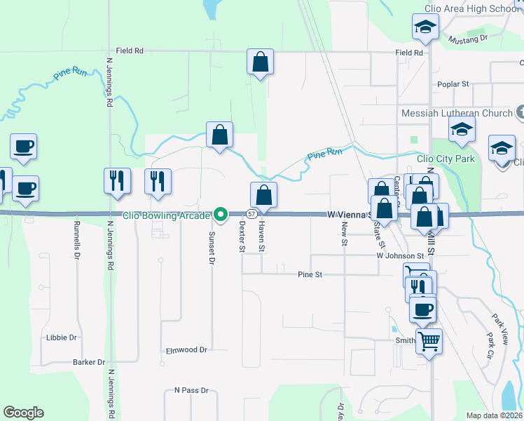 map of restaurants, bars, coffee shops, grocery stores, and more near 3281 West Vienna Road in Clio