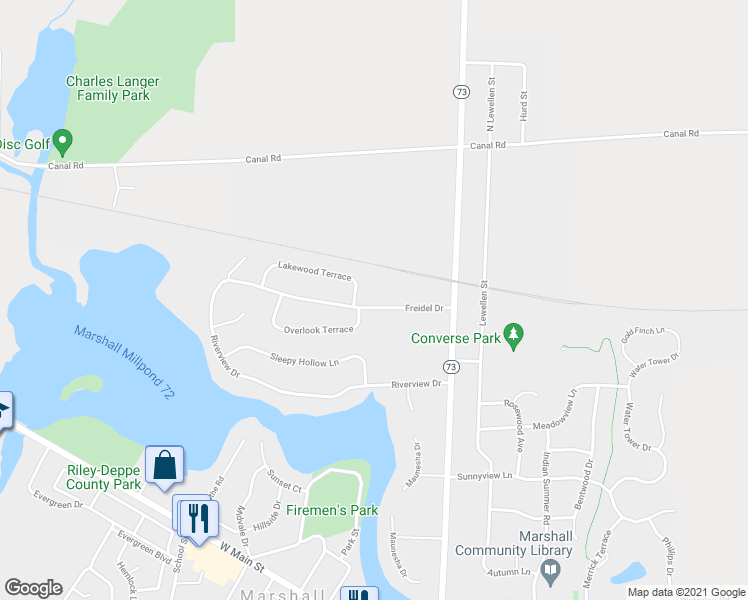 map of restaurants, bars, coffee shops, grocery stores, and more near 124 Freidel Drive in Marshall