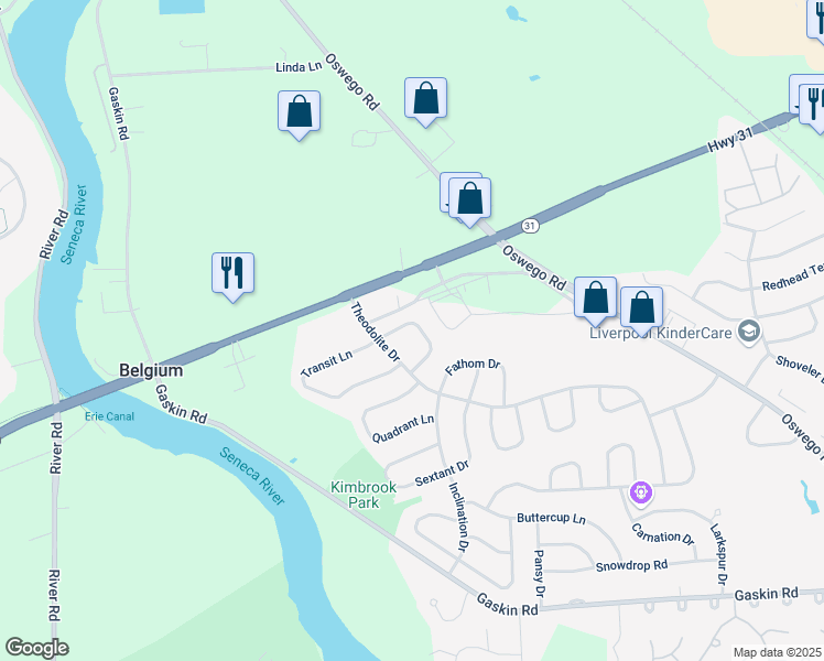 map of restaurants, bars, coffee shops, grocery stores, and more near 8459 Bubbling Springs Dr in Baldwinsville