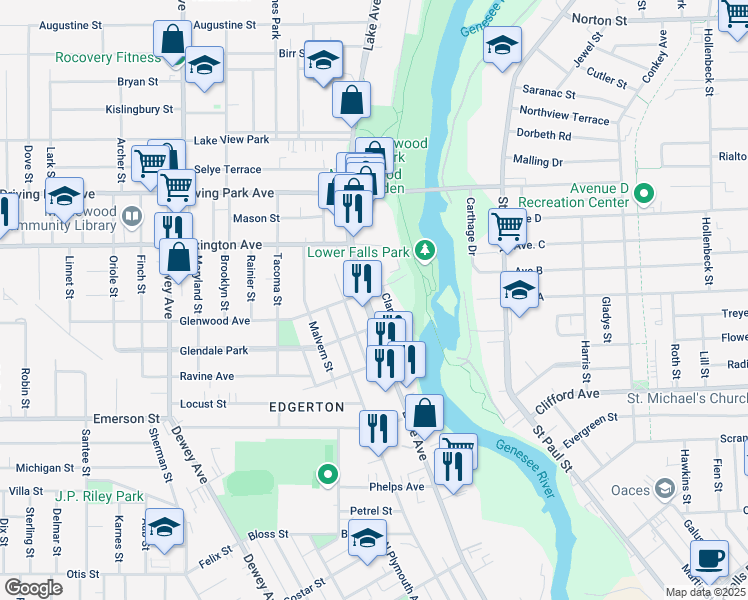 map of restaurants, bars, coffee shops, grocery stores, and more near 682 Lake Avenue in Rochester