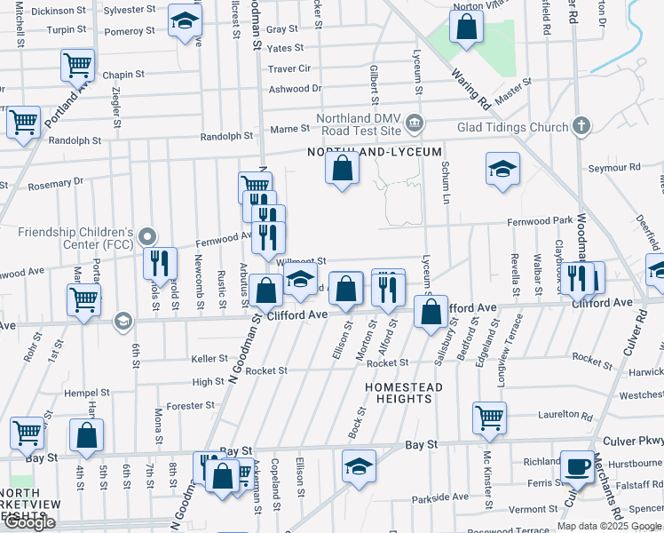 map of restaurants, bars, coffee shops, grocery stores, and more near 109 Willmont Street in Rochester