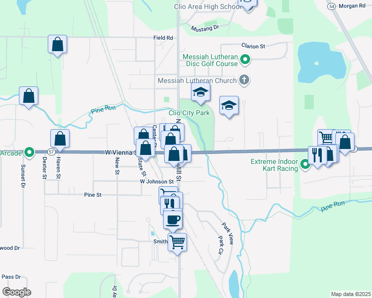 map of restaurants, bars, coffee shops, grocery stores, and more near 107 East Vienna Street in Clio