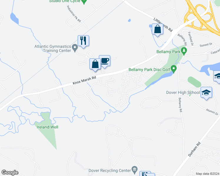 map of restaurants, bars, coffee shops, grocery stores, and more near Lilac Lane in Dover