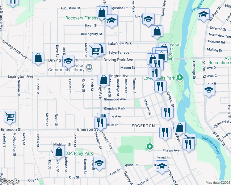 map of restaurants, bars, coffee shops, grocery stores, and more near 6 Brooklyn Street in Rochester