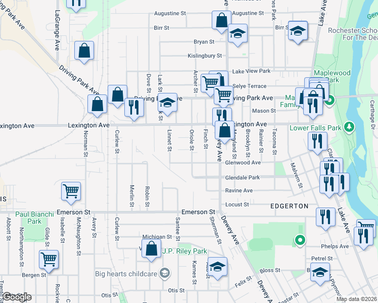 map of restaurants, bars, coffee shops, grocery stores, and more near 76 Oriole Street in Rochester