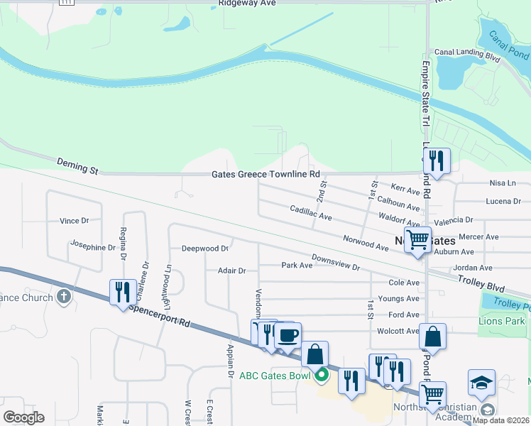 map of restaurants, bars, coffee shops, grocery stores, and more near 89 Vendome Drive North in Rochester