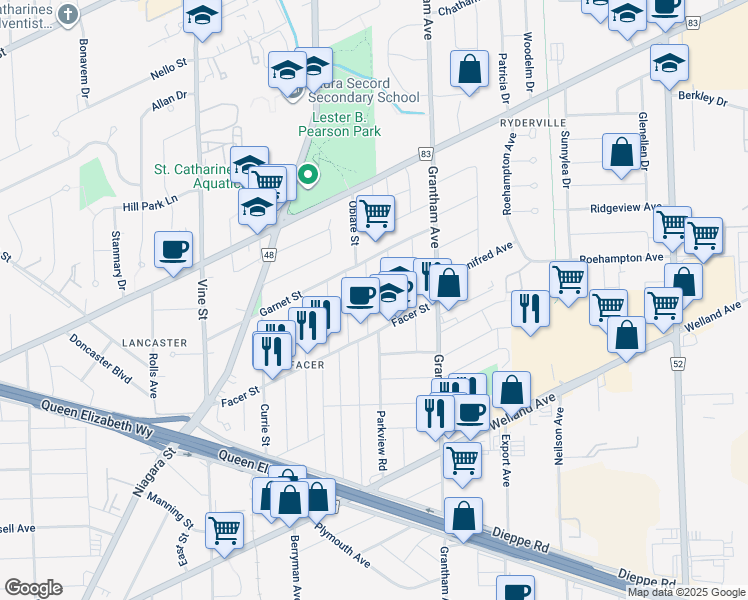 map of restaurants, bars, coffee shops, grocery stores, and more near in St. Catharines