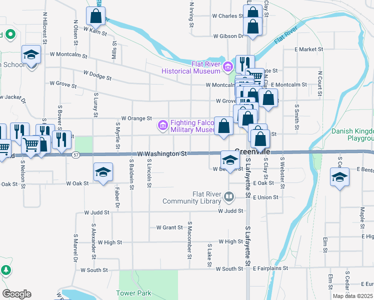 map of restaurants, bars, coffee shops, grocery stores, and more near 404 West Washington Street in Greenville
