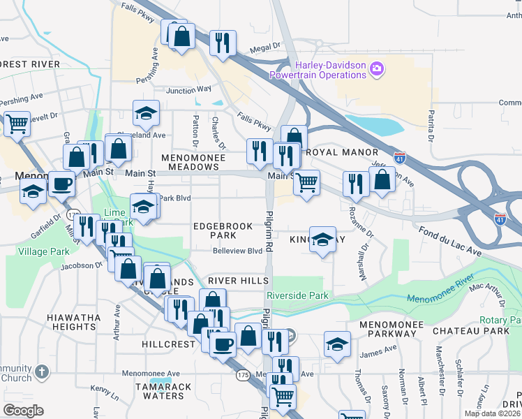 map of restaurants, bars, coffee shops, grocery stores, and more near W156N8813 Pilgrim Road in Menomonee Falls
