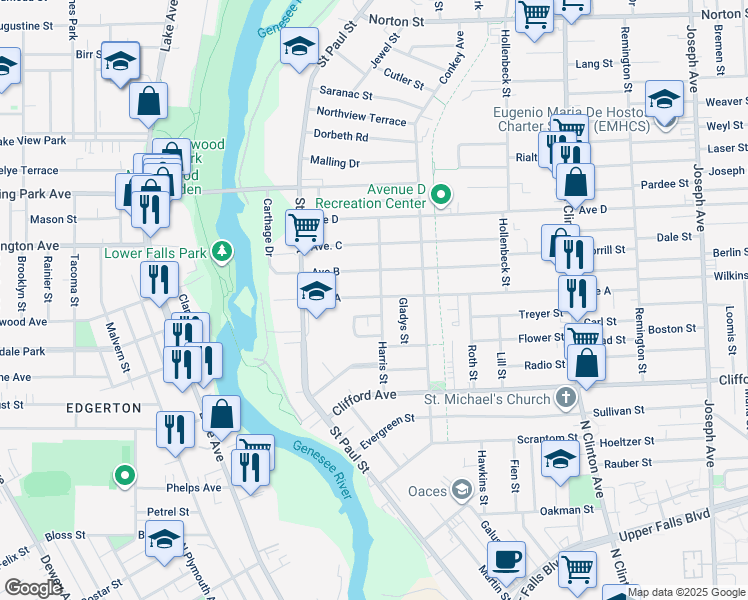 map of restaurants, bars, coffee shops, grocery stores, and more near 101 Avenue A in Rochester