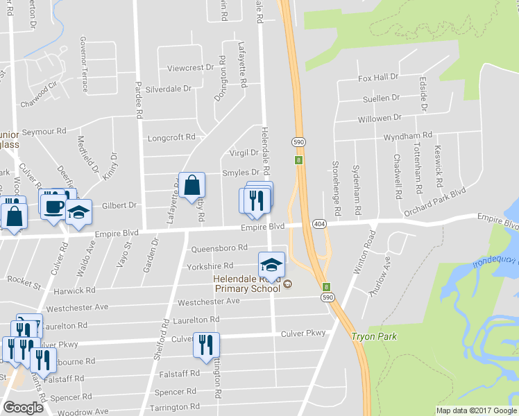 map of restaurants, bars, coffee shops, grocery stores, and more near 389 Helendale Road in Rochester