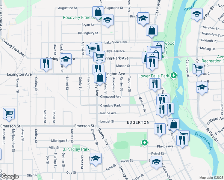 map of restaurants, bars, coffee shops, grocery stores, and more near 9 Brooklyn Street in Rochester