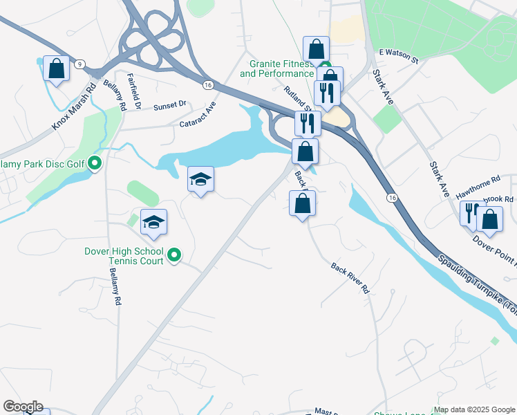 map of restaurants, bars, coffee shops, grocery stores, and more near 56 Durham Road in Dover