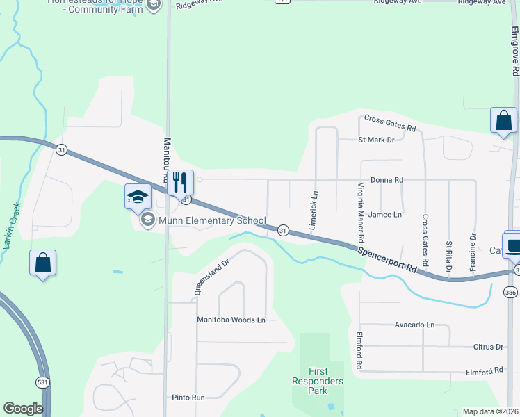 map of restaurants, bars, coffee shops, grocery stores, and more near 3 Karen Drive in Rochester