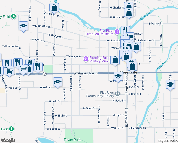 map of restaurants, bars, coffee shops, grocery stores, and more near 504 West Washington Street in Greenville