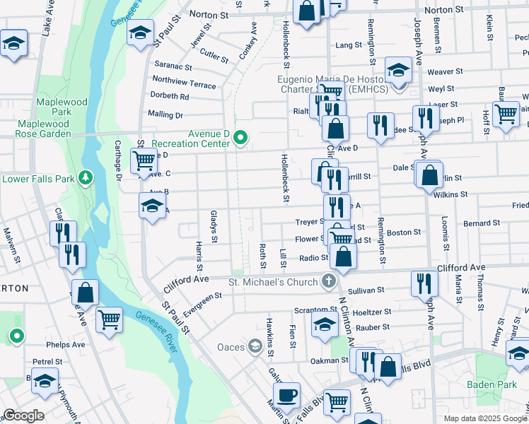 map of restaurants, bars, coffee shops, grocery stores, and more near 255 Avenue A in Rochester