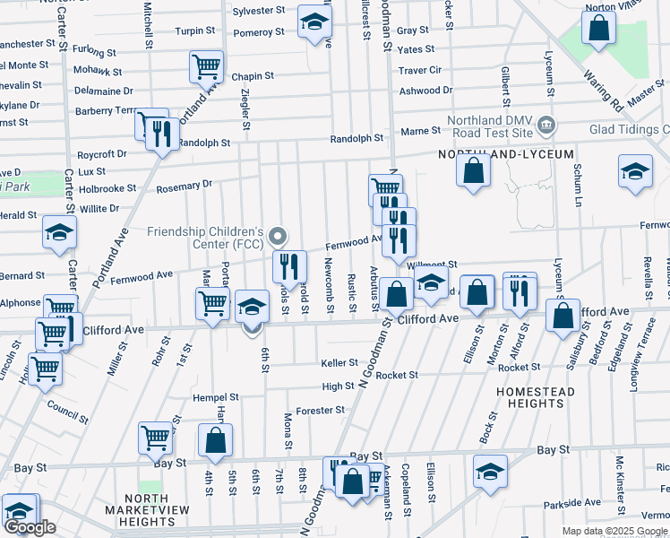 map of restaurants, bars, coffee shops, grocery stores, and more near 88 Newcomb Street in Rochester