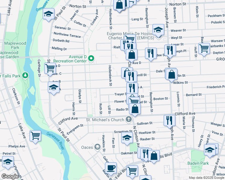 map of restaurants, bars, coffee shops, grocery stores, and more near 307 Avenue A in Rochester