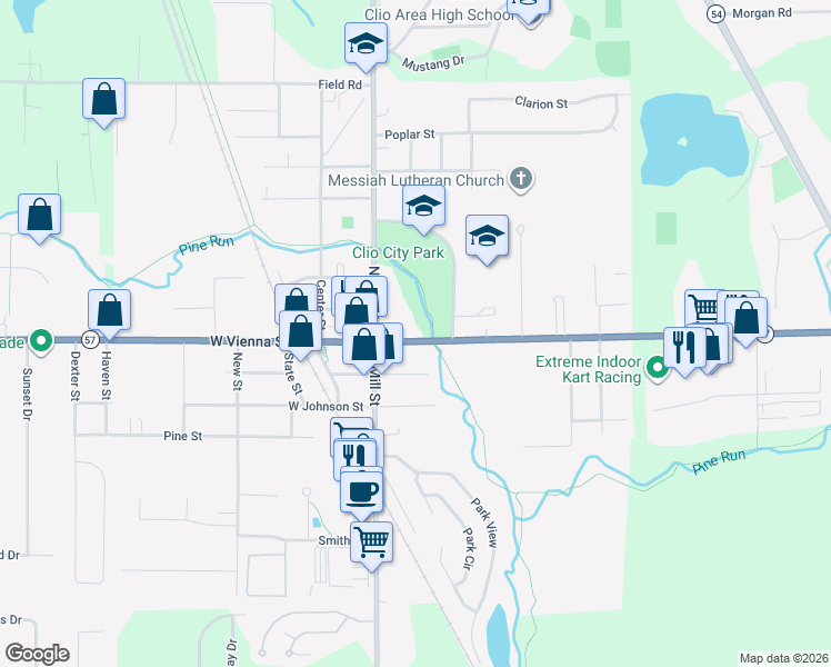 map of restaurants, bars, coffee shops, grocery stores, and more near 133 East Vienna Street in Clio