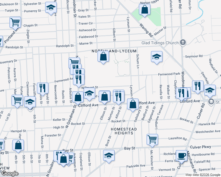 map of restaurants, bars, coffee shops, grocery stores, and more near 161 Willmont Street in Rochester