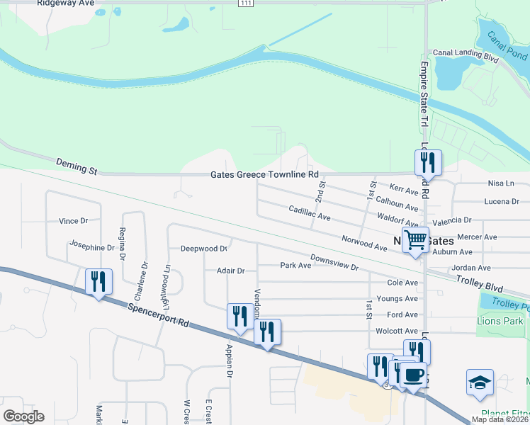 map of restaurants, bars, coffee shops, grocery stores, and more near 89 Vendome Drive North in Rochester