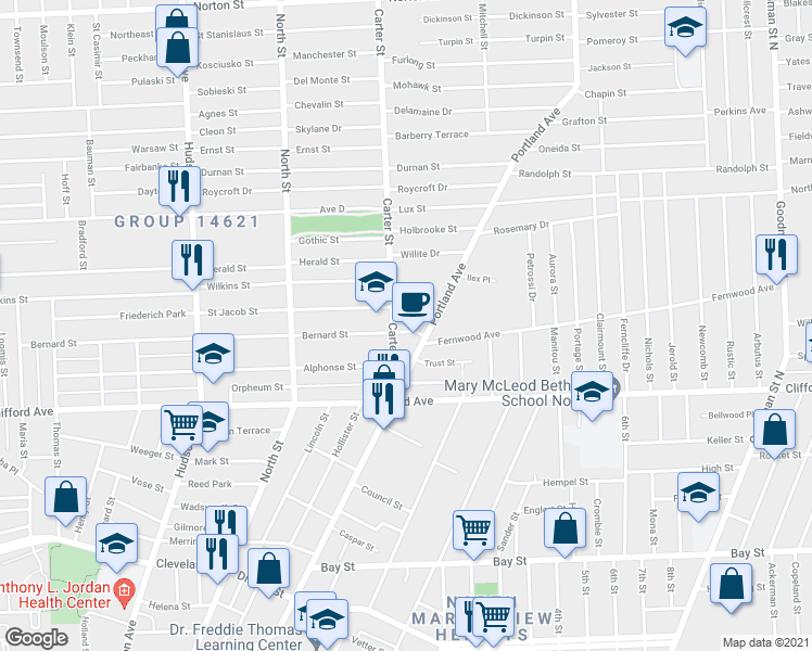 map of restaurants, bars, coffee shops, grocery stores, and more near 550 Bernard Street in Rochester