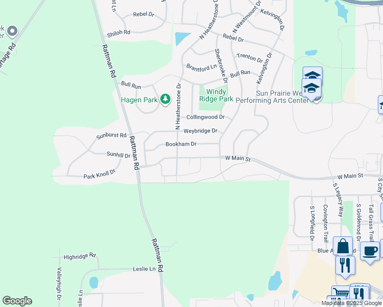 map of restaurants, bars, coffee shops, grocery stores, and more near 3176 West Main Street in Sun Prairie