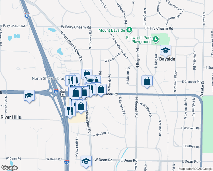 map of restaurants, bars, coffee shops, grocery stores, and more near 8828 North Mohawk Road in Bayside
