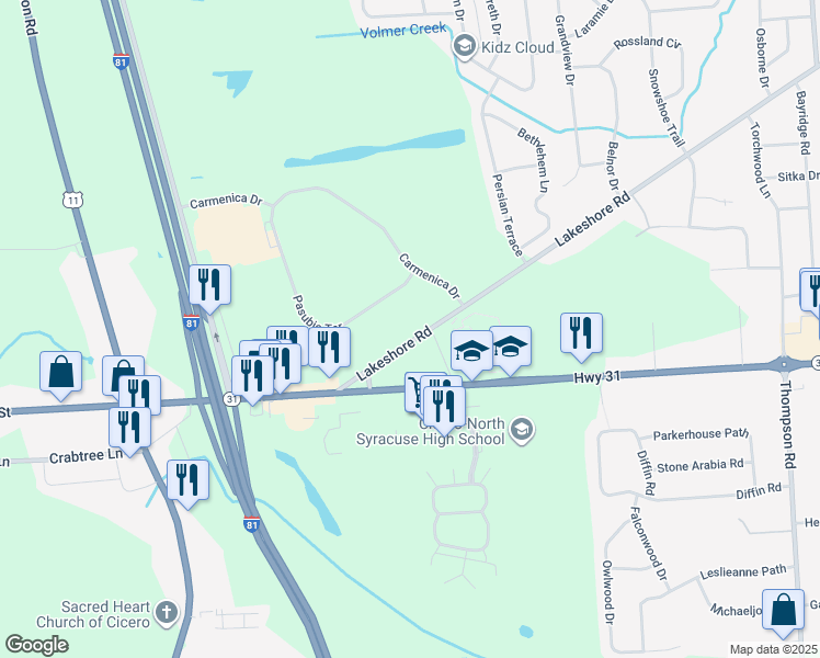 map of restaurants, bars, coffee shops, grocery stores, and more near 5943 Lakeshore Rd in Cicero