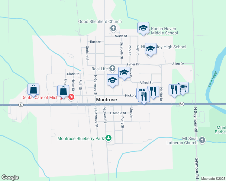 map of restaurants, bars, coffee shops, grocery stores, and more near 150 North Saginaw Street in Montrose