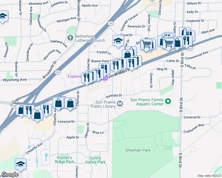 map of restaurants, bars, coffee shops, grocery stores, and more near 336 South Walker Way in Sun Prairie