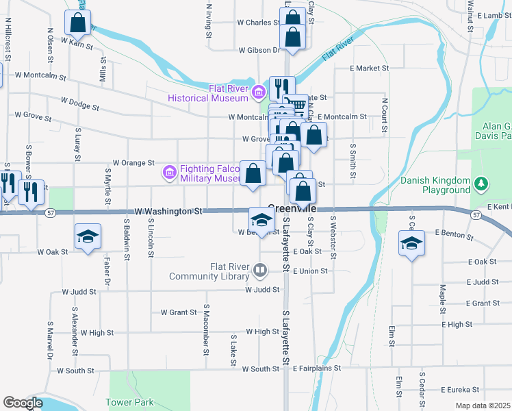 map of restaurants, bars, coffee shops, grocery stores, and more near 204 West Washington Street in Greenville