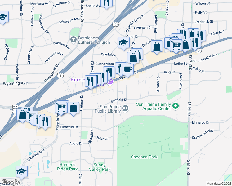 map of restaurants, bars, coffee shops, grocery stores, and more near 334 South Walker Way in Sun Prairie