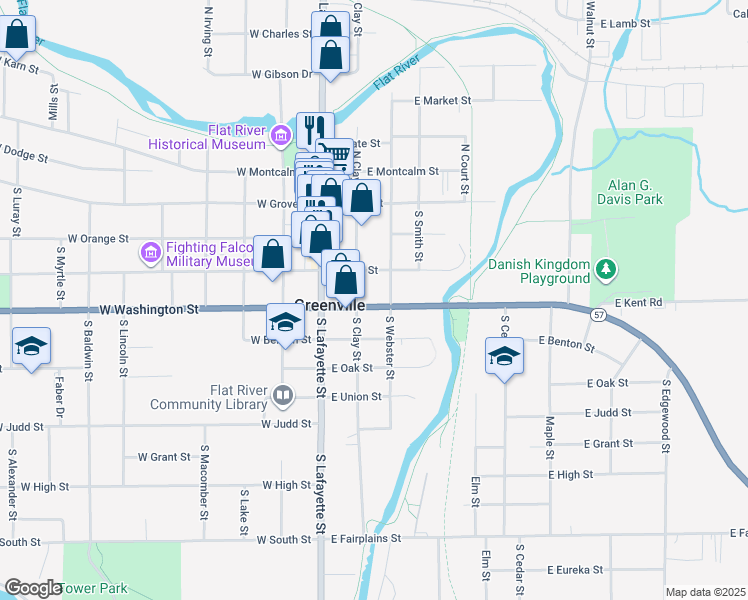 map of restaurants, bars, coffee shops, grocery stores, and more near 210 East Washington Street in Greenville