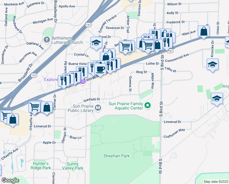 map of restaurants, bars, coffee shops, grocery stores, and more near 321 Shane Court in Sun Prairie