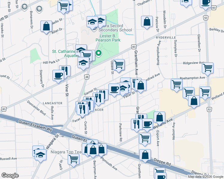 map of restaurants, bars, coffee shops, grocery stores, and more near in St. Catharines