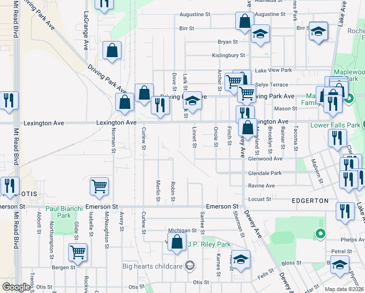 map of restaurants, bars, coffee shops, grocery stores, and more near 78 Starling Street in Rochester